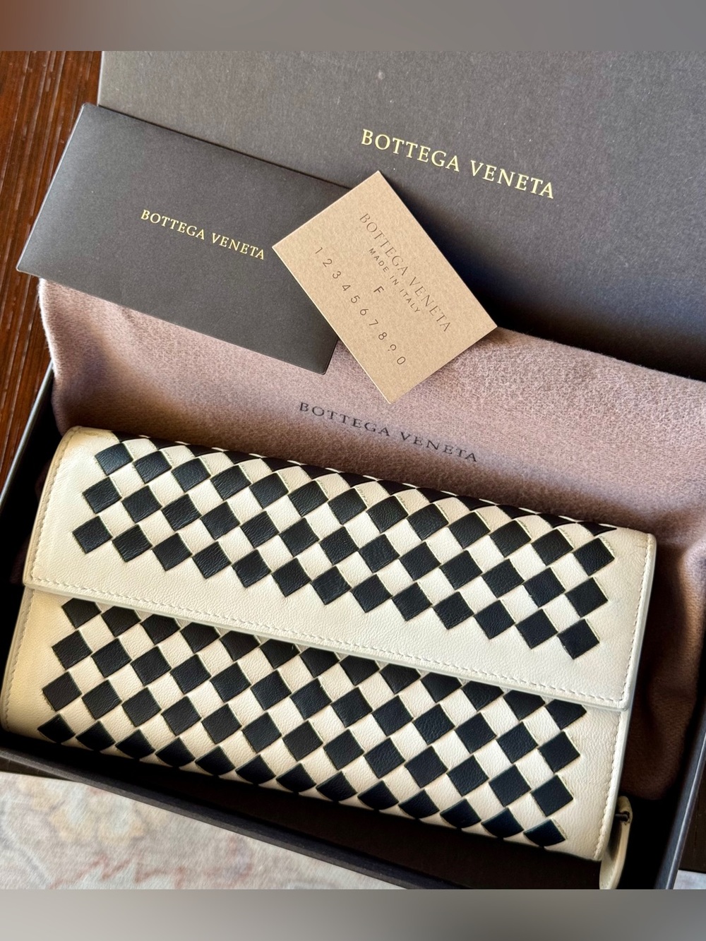 Bottega Veneta Black and Mist Intrecciato Wallet with dust bag and box